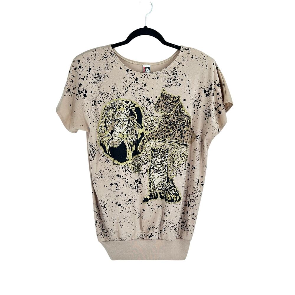 Vintage 80s 90s Leopard Lion Animal Print Beige Black Gold Graphic Tee Women’s L